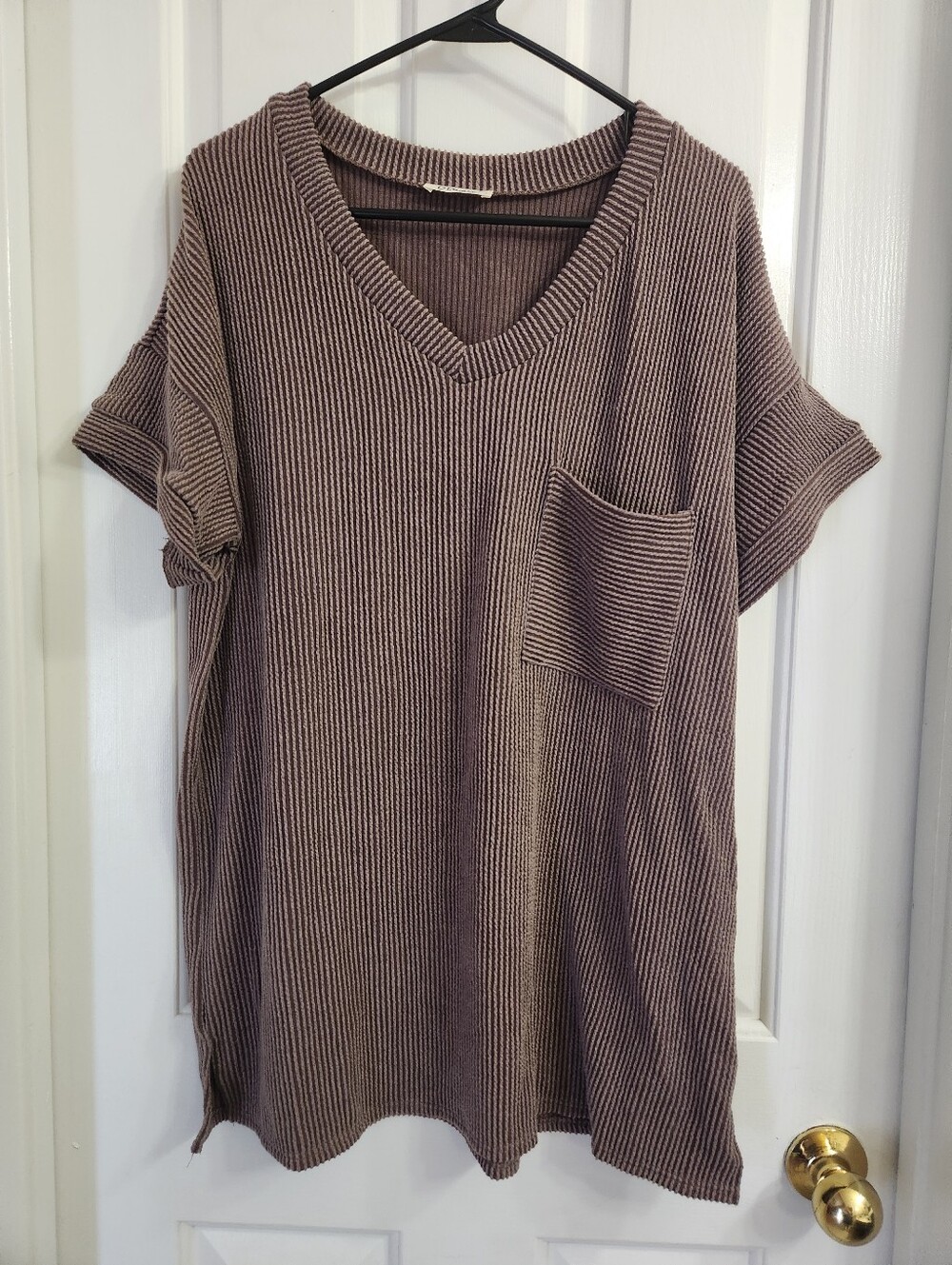 Corded Rib Oversized Front Pocket V-Neck Top in a soft brown or taupe shade